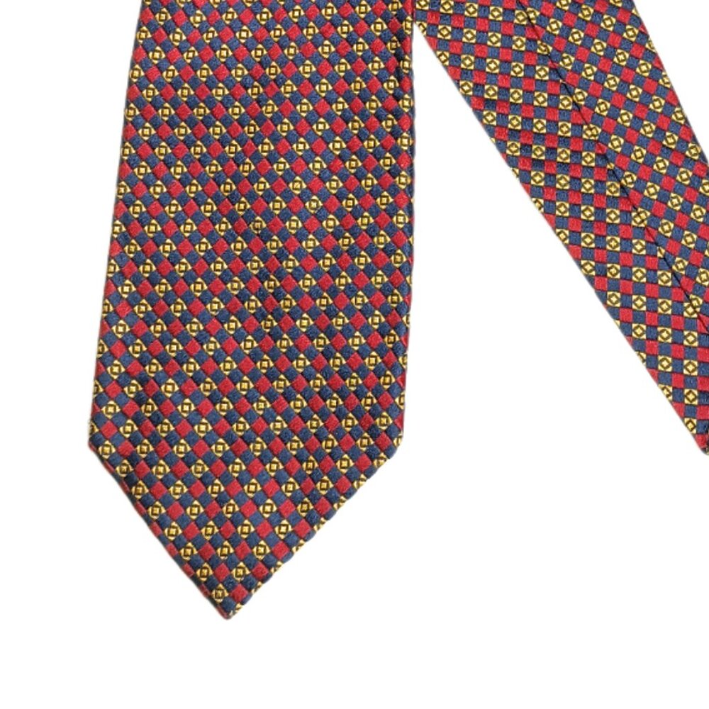 Sartori Silk Tie Men’s 60” Red Navy Check Geometric Preppy Blokecore Wide New